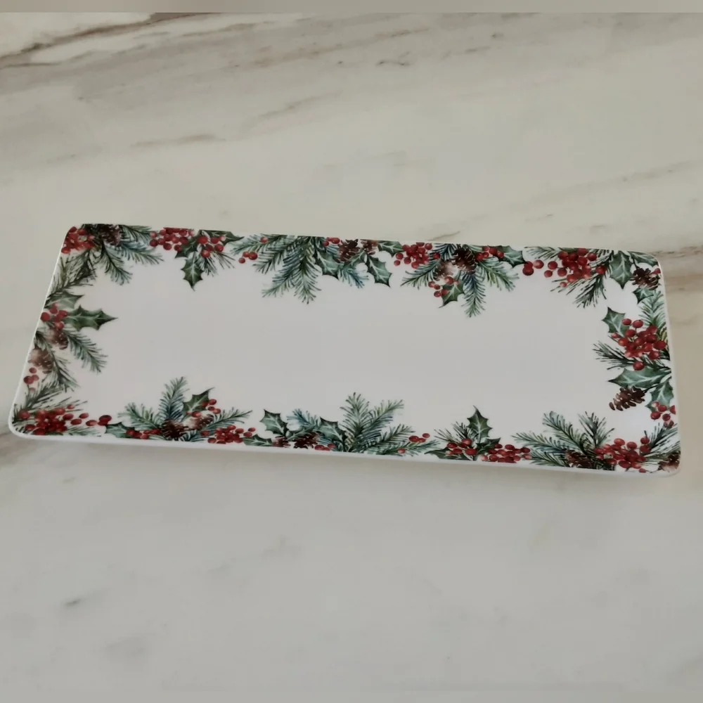 Pier 1 Imports Ironstone Holly Berries Christmas Rectangle Serving Tray Platter